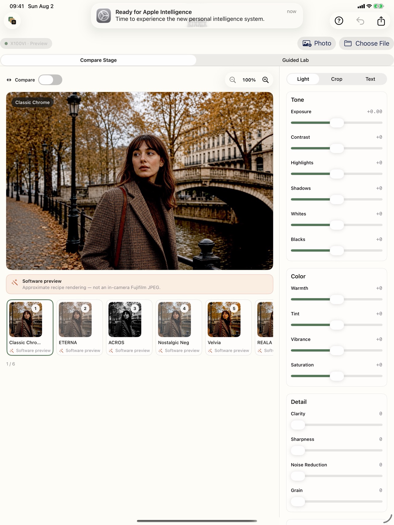 SimuLook Studio comparing a source RAF with a Classic Chrome development on iPad.