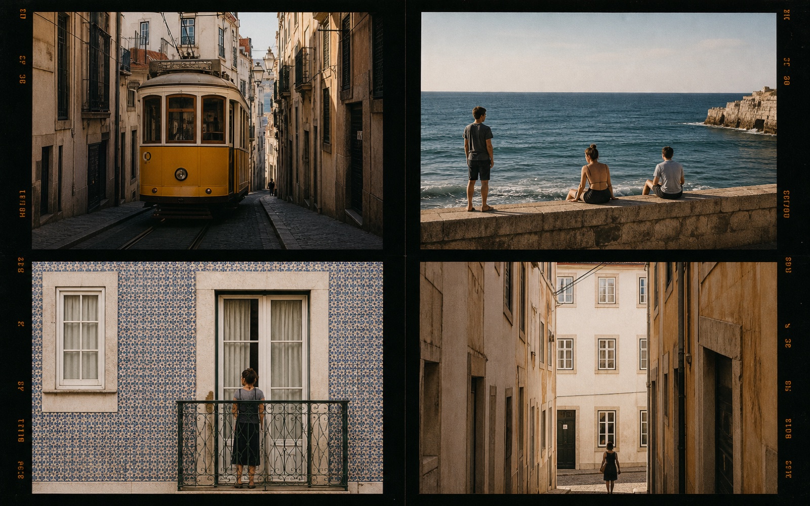 Four Fujifilm-style travel photographs from Lisbon: an Alfama tram, the Atlantic seawall, a tiled balcony, and a narrow old-city street.