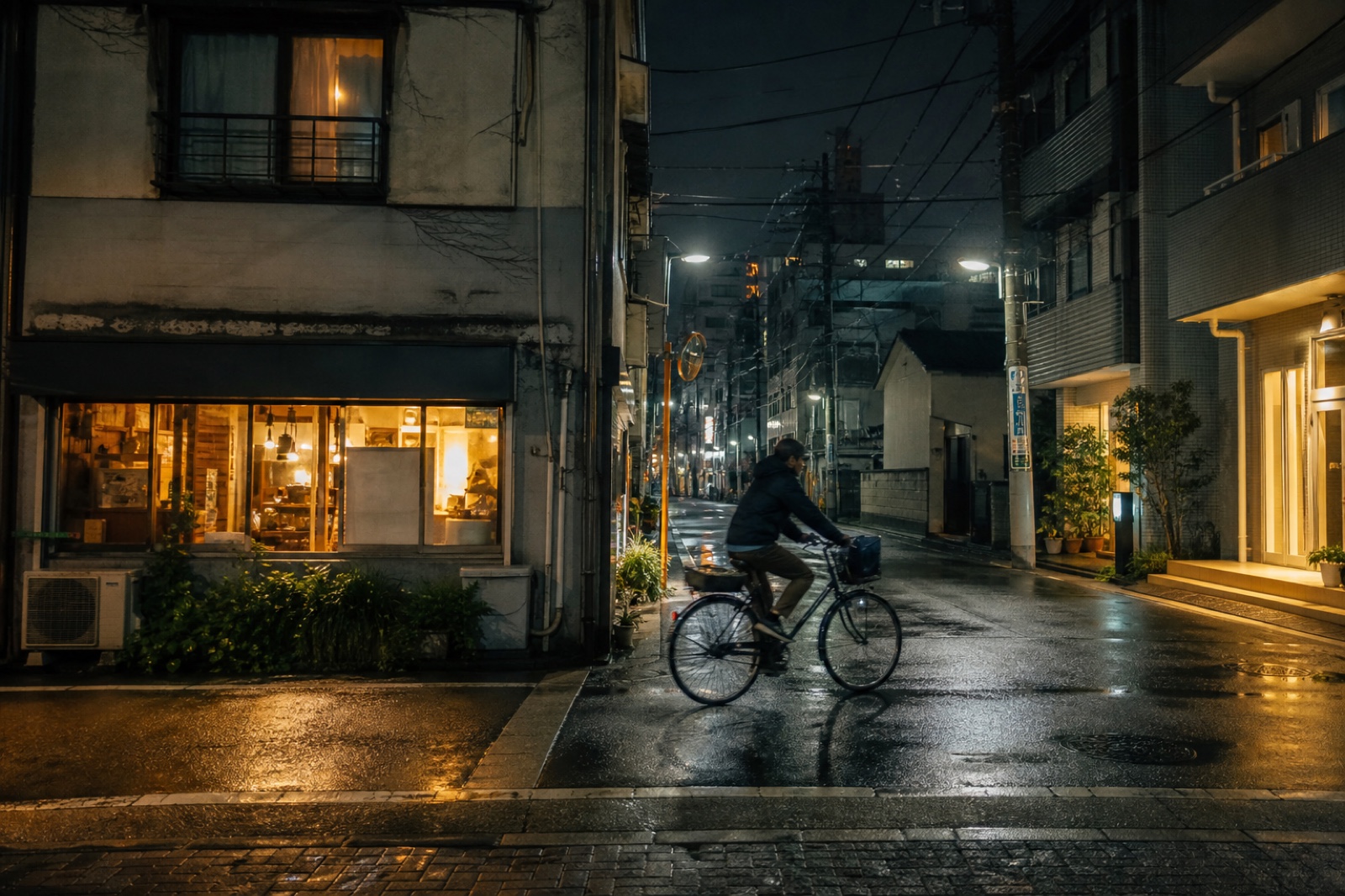 A pedestrian crossing a rain-lit Tokyo street at night.